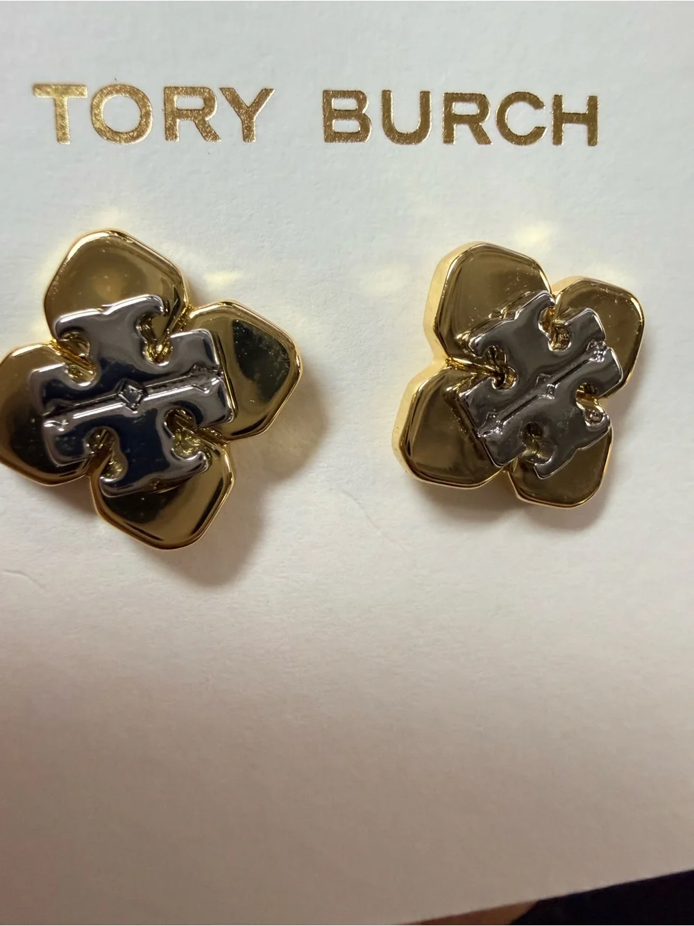 Tory Burch Gold and Silver Flower Stud Earrings
